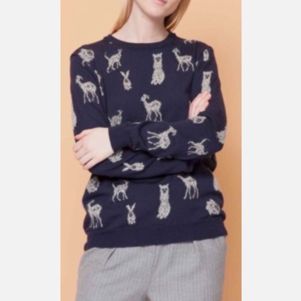 Paul & Joe Sister Philibert Navy Blue Wool Blend Bunny Fox Deer Animal Sweater M